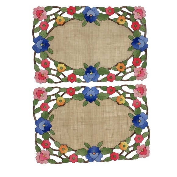 Vintage 9 PC Set Floral Hand Embroidered Scalloped Linen Table Runner Place Mats - Picture 2 of 16